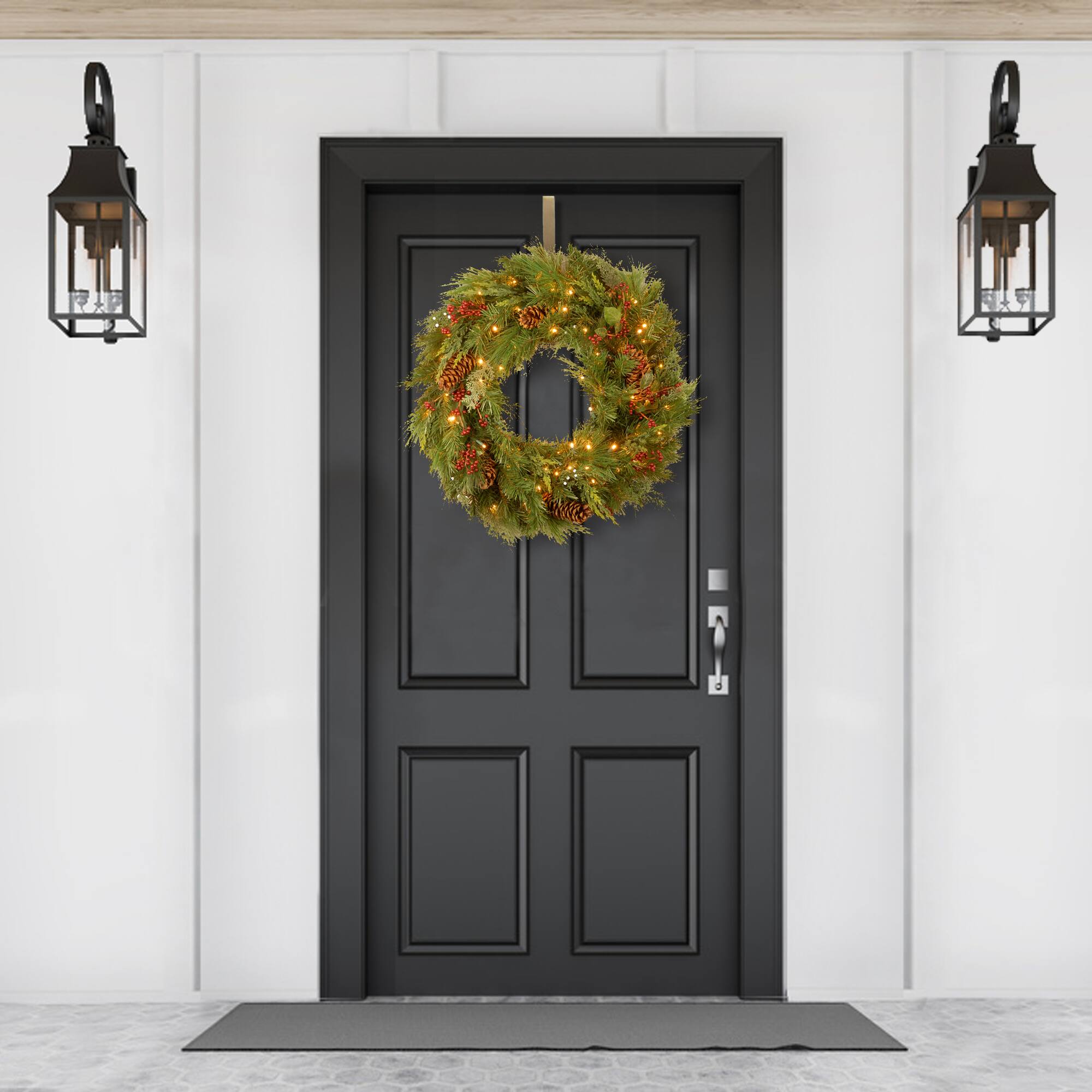 30" White Pine & Pine Cones Wreath With Soft White LED Lights